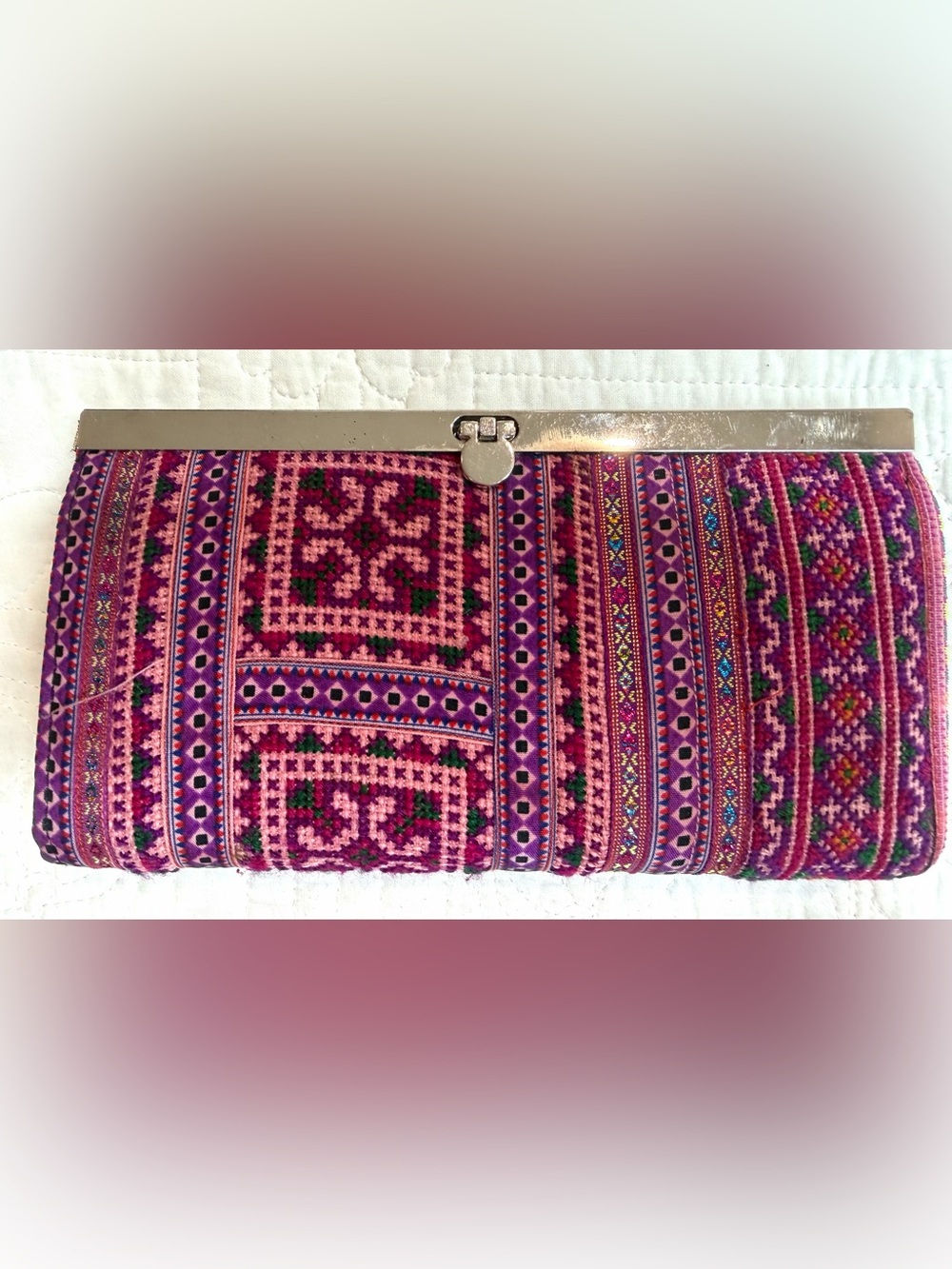 Boho Striped Clutch Wallet Colorful Funky Pink Bag with Metallic Frame 7.5x4”